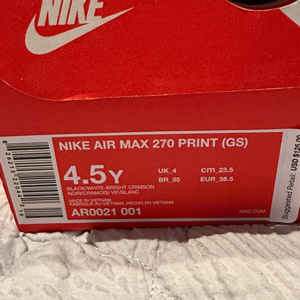 Nike Air Max 270 Just Do It Print 4.5y AR0021 001 Black white Crimson - Picture 8 of 8